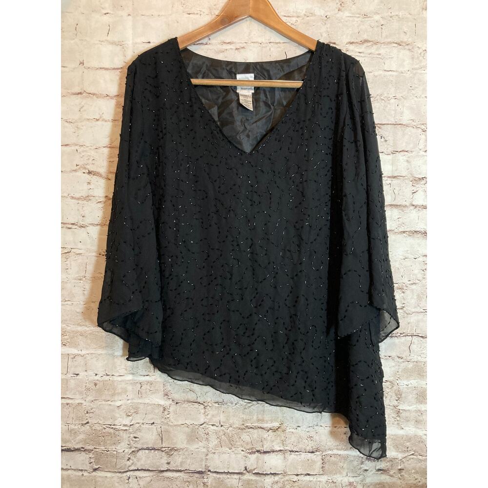 Roaman's Top Womens 22W Black All Over Beading Asymmetric Hem Plus Flowy Party